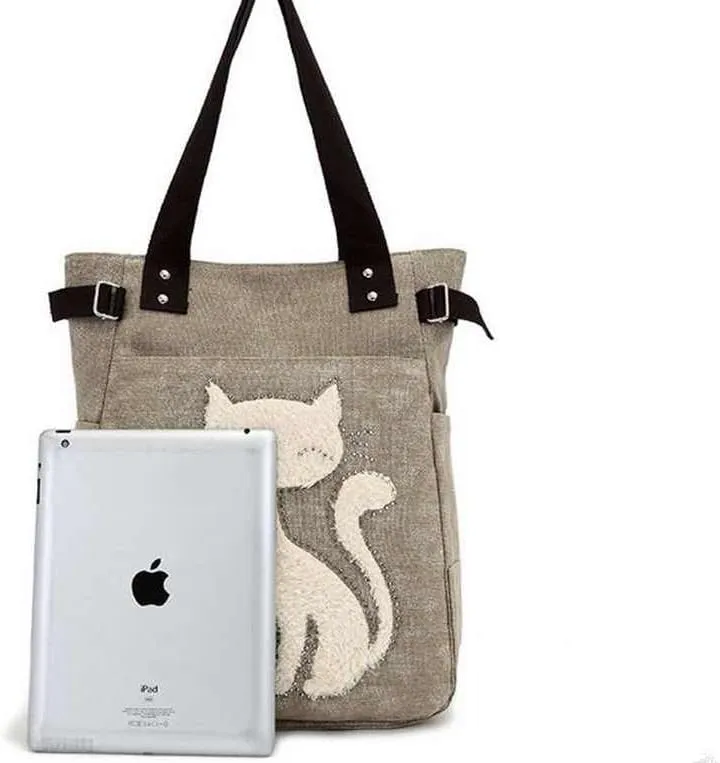 Valentoria Canvas Tote Handbag for Women Cute Cat Embroidery Shoulder Purse Large Zipper Travel Work Shopping Grocery Bags