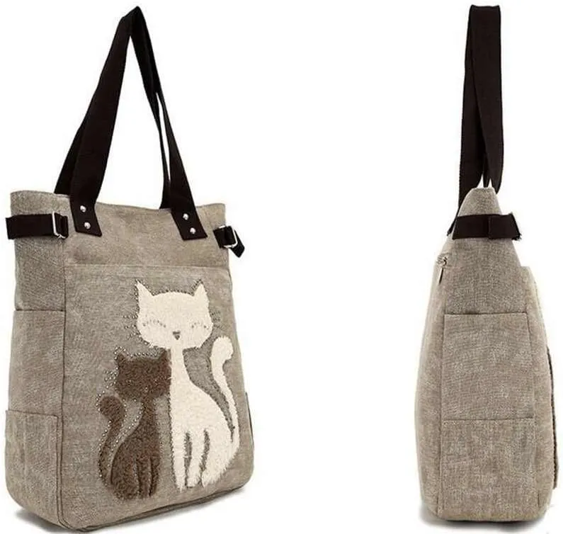 Valentoria Canvas Tote Handbag for Women Cute Cat Embroidery Shoulder Purse Large Zipper Travel Work Shopping Grocery Bags
