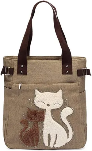 Valentoria Canvas Tote Handbag for Women Cute Cat Embroidery Shoulder Purse Large Zipper Travel Work Shopping Grocery Bags