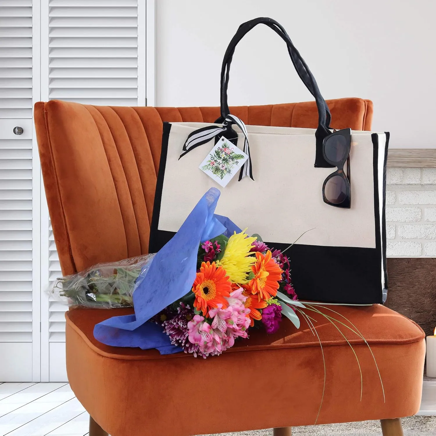 VANESSA ROSELLA Personalized Gift Monogram Initial 100% Cotton Two Tone Chic Tote Bag with Customize Option - Black