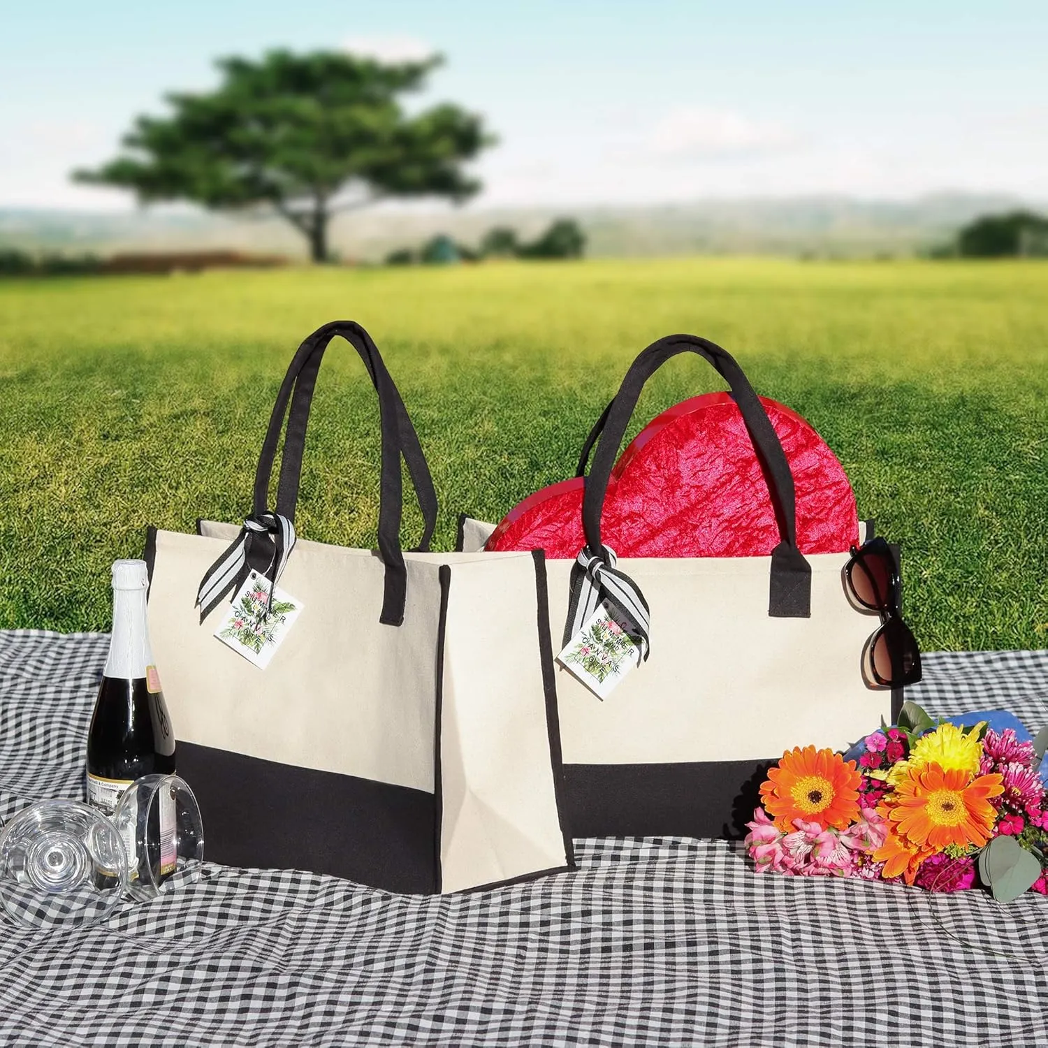VANESSA ROSELLA Personalized Gift Monogram Initial 100% Cotton Two Tone Chic Tote Bag with Customize Option - Black