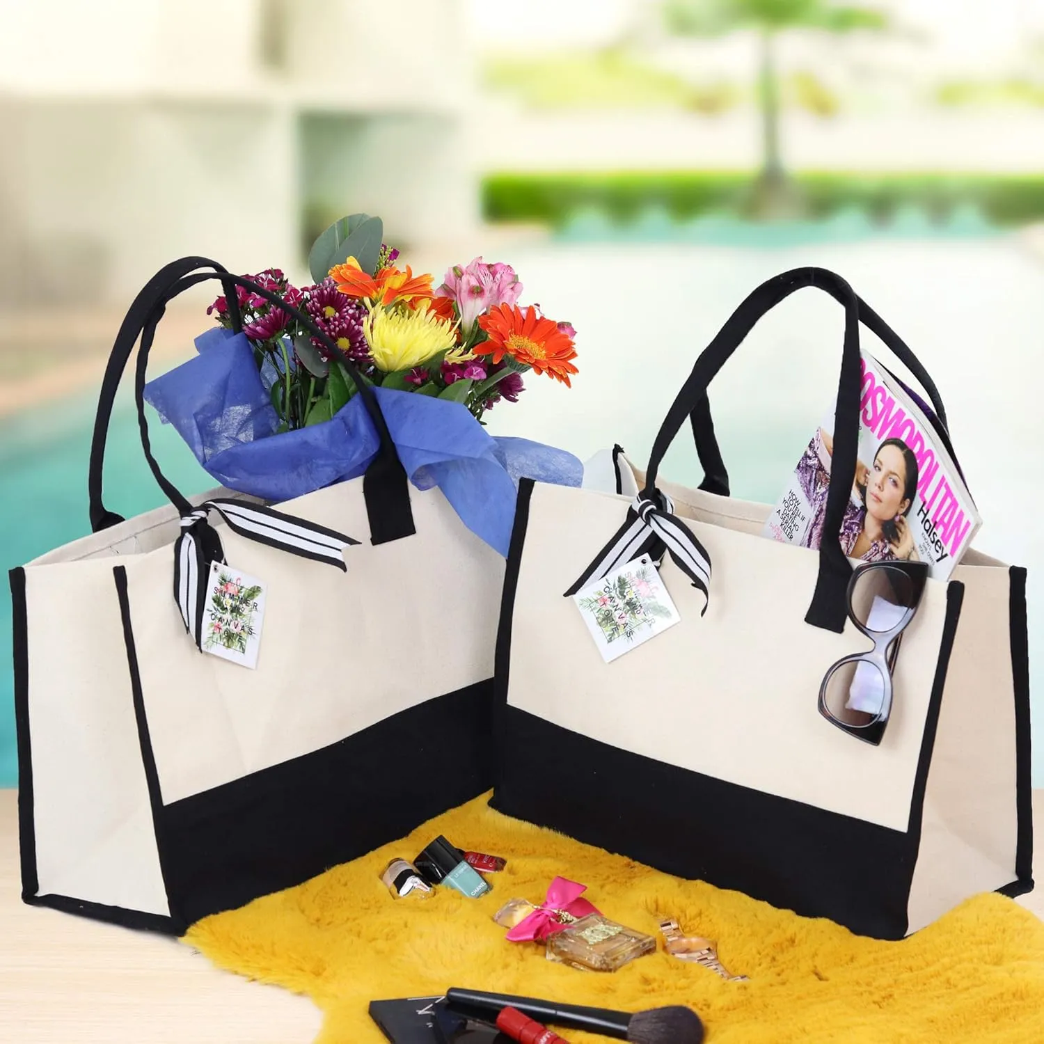 VANESSA ROSELLA Personalized Gift Monogram Initial 100% Cotton Two Tone Chic Tote Bag with Customize Option - Black