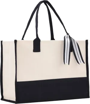 VANESSA ROSELLA Personalized Gift Monogram Initial 100% Cotton Two Tone Chic Tote Bag with Customize Option - Black