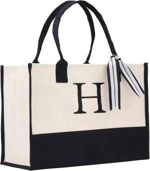 VANESSA ROSELLA Personalized Gift Monogram Initial 100% Cotton Two Tone Chic Tote Bag with Customize Option - Black