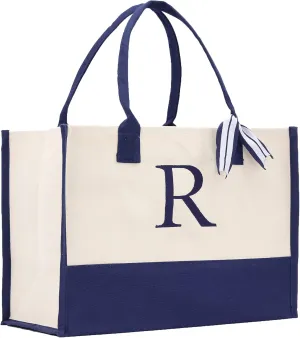 VANESSA ROSELLA Premium Quality Personalized Gift Monogram Initial 100% Cotton Chic Tote Bag with Customize Option - Navy