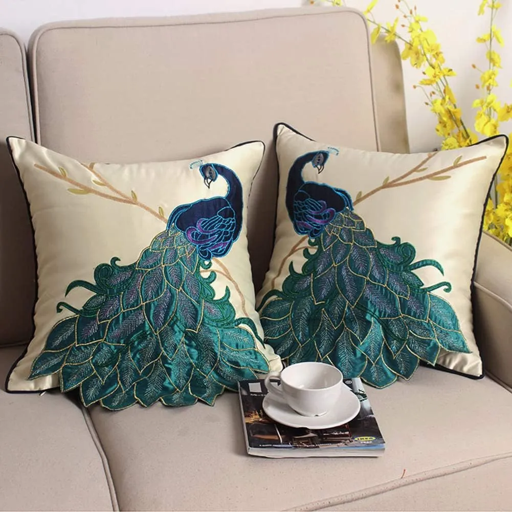 vctops Embroidered Peacock Decorative Throw Pillow Case Silky Satin Cushion Cover Peacock 1 18"X18"