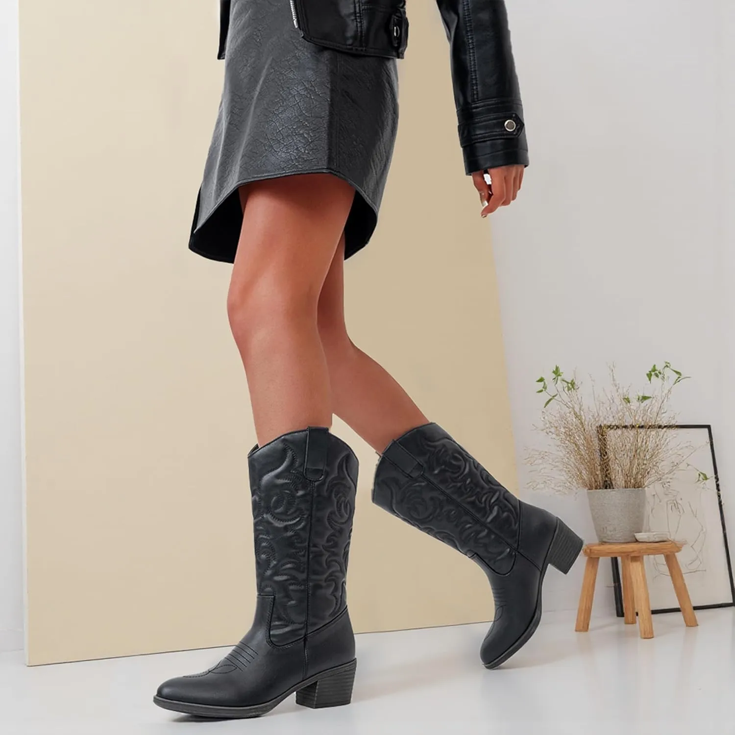 Vepose Women's Cowboy Boots Western Cowgirl Round Toe Mid Calf Boots for Women
