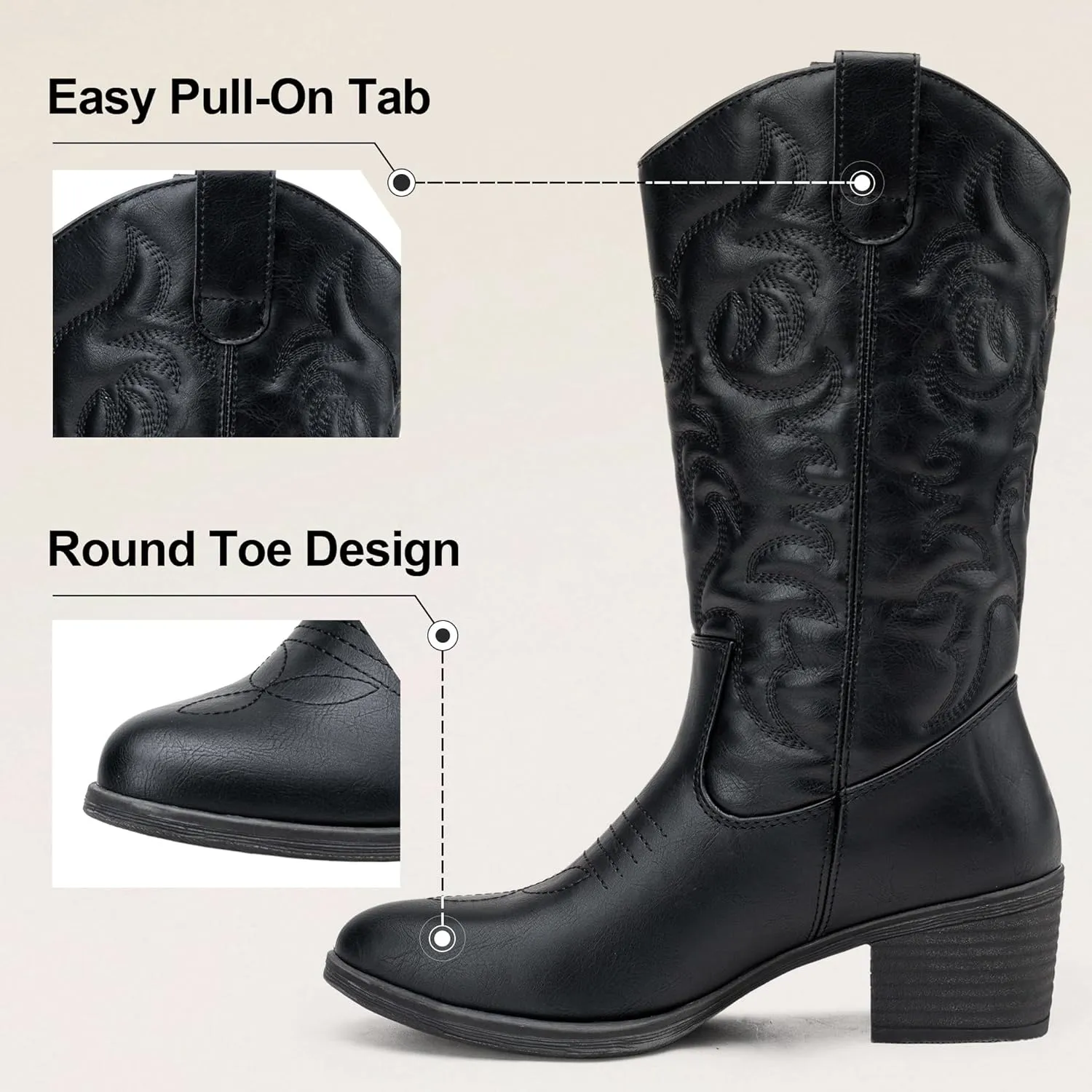Vepose Women's Cowboy Boots Western Cowgirl Round Toe Mid Calf Boots for Women