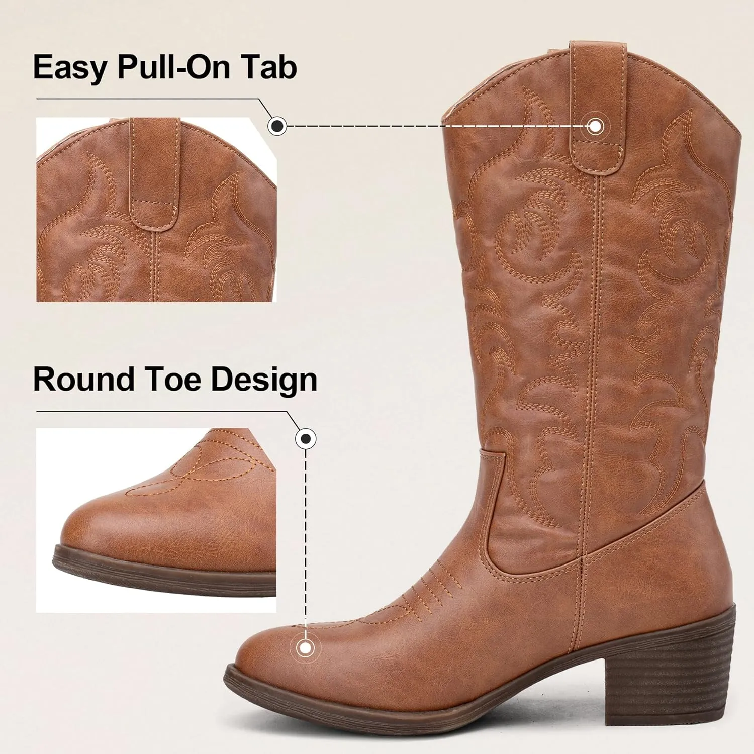 Vepose Women's Cowboy Boots Western Cowgirl Round Toe Mid Calf Boots for Women