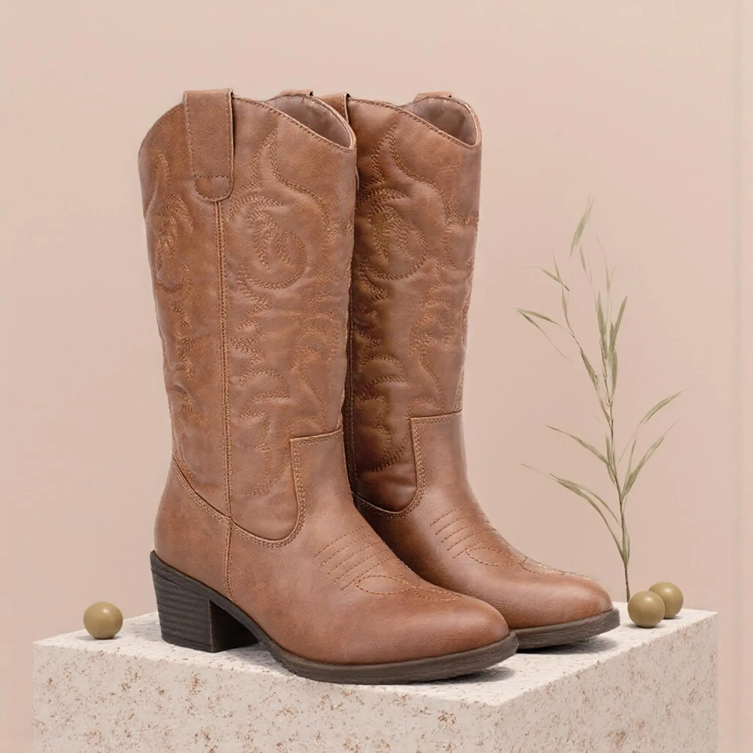 Vepose Women's Cowboy Boots Western Cowgirl Round Toe Mid Calf Boots for Women