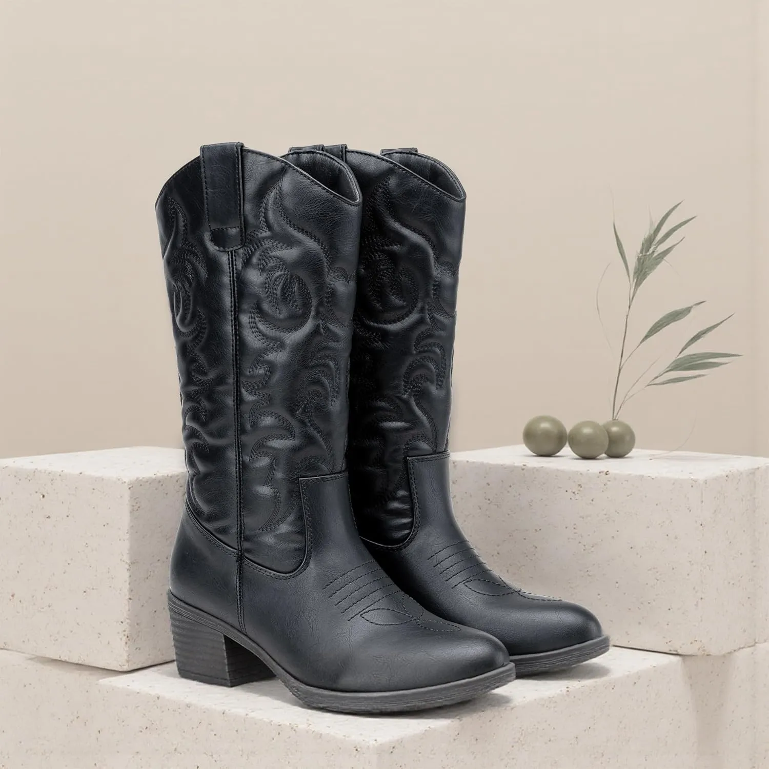 Vepose Women's Cowboy Boots Western Cowgirl Round Toe Mid Calf Boots for Women