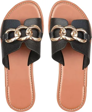 Verdusa Women's Open Toe Chain Flat Sandals Faux Leather Summer Slippers Slip on Slides