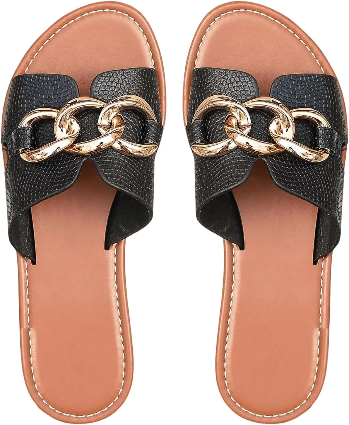 Verdusa Women's Open Toe Chain Flat Sandals Faux Leather Summer Slippers Slip on Slides