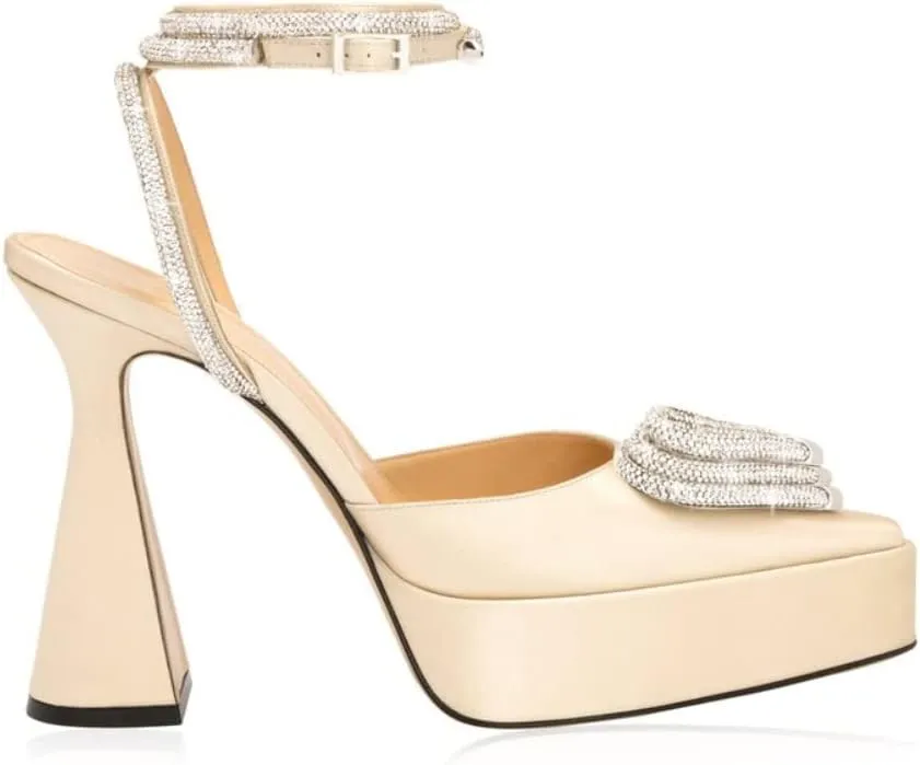 Vertundy Women's Platform Rhinestone Pumps - Ankle Strap Closed Pointed Toe Chunky Heel Satin Triple Heart Fashion Dress Shoes