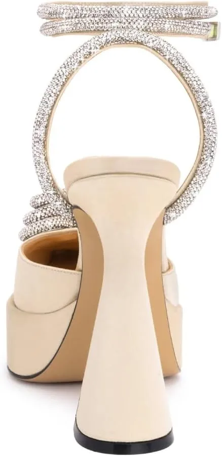 Vertundy Women's Platform Rhinestone Pumps - Ankle Strap Closed Pointed Toe Chunky Heel Satin Triple Heart Fashion Dress Shoes