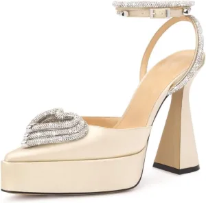 Vertundy Women's Platform Rhinestone Pumps - Ankle Strap Closed Pointed Toe Chunky Heel Satin Triple Heart Fashion Dress Shoes