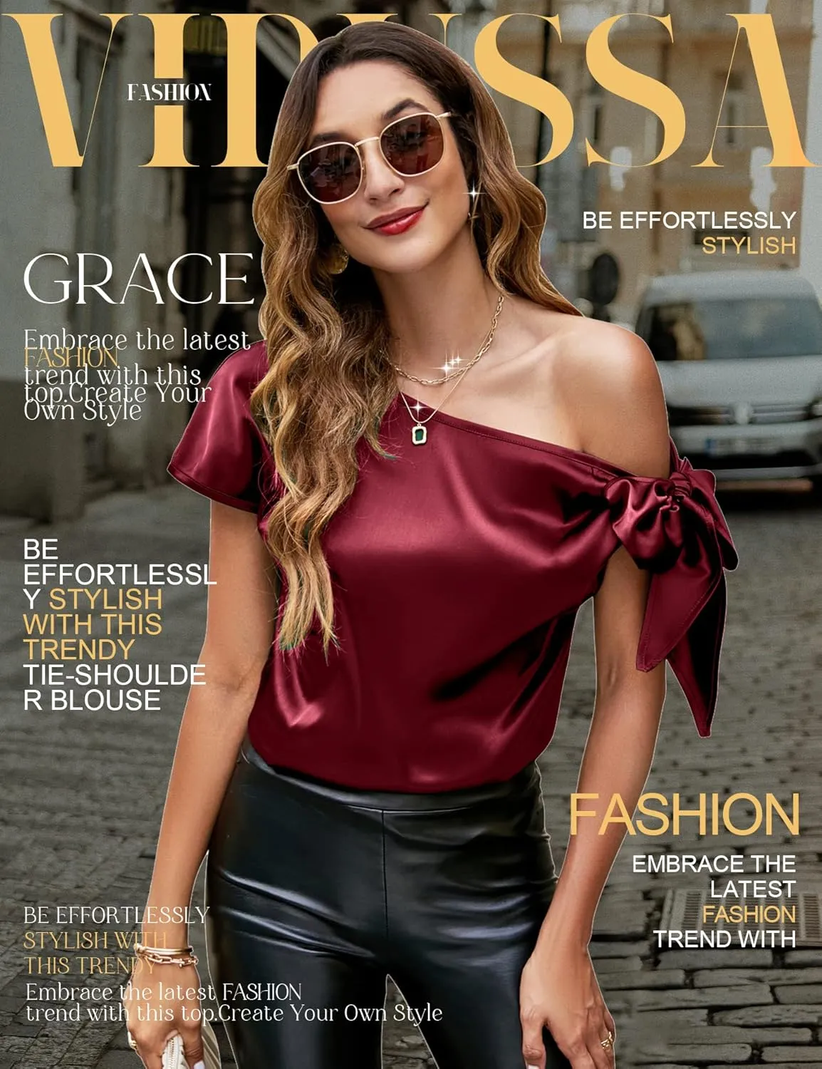 VIDUSSA Women's Off Shoulder Silk Tops Casual Short Sleeve Asymmetrical Neck Satin Blouse Shirts