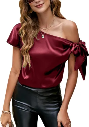 VIDUSSA Women's Off Shoulder Silk Tops Casual Short Sleeve Asymmetrical Neck Satin Blouse Shirts