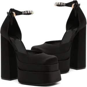 VIMISAOI Black Women's Chunky Heels - Square Toe, Ankle Strap, Buckle, Rhinestones, Wedge, Silk Satin, High Platform Pumps