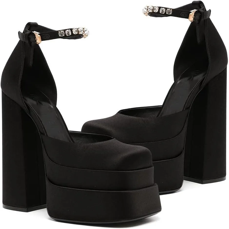 VIMISAOI Black Women's Chunky Heels - Square Toe, Ankle Strap, Buckle, Rhinestones, Wedge, Silk Satin, High Platform Pumps