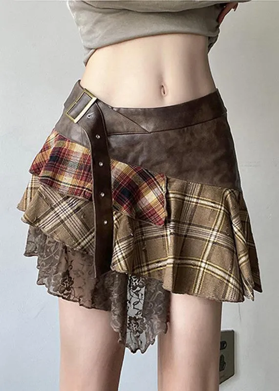 Vintage Brown Asymmetrical Lace Faux Leather Patchwork Skirts Summer