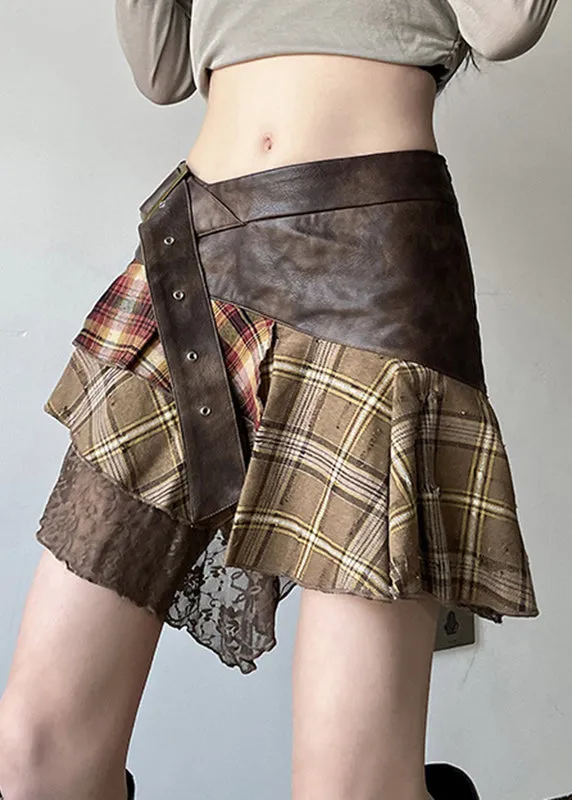 Vintage Brown Asymmetrical Lace Faux Leather Patchwork Skirts Summer