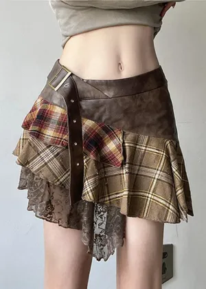 Vintage Brown Asymmetrical Lace Faux Leather Patchwork Skirts Summer