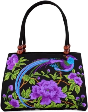 Vintage Ethnic Embroidered Handbag for Women | Canvas Zipper Wrist Bag | Stylish Bohemian Purse