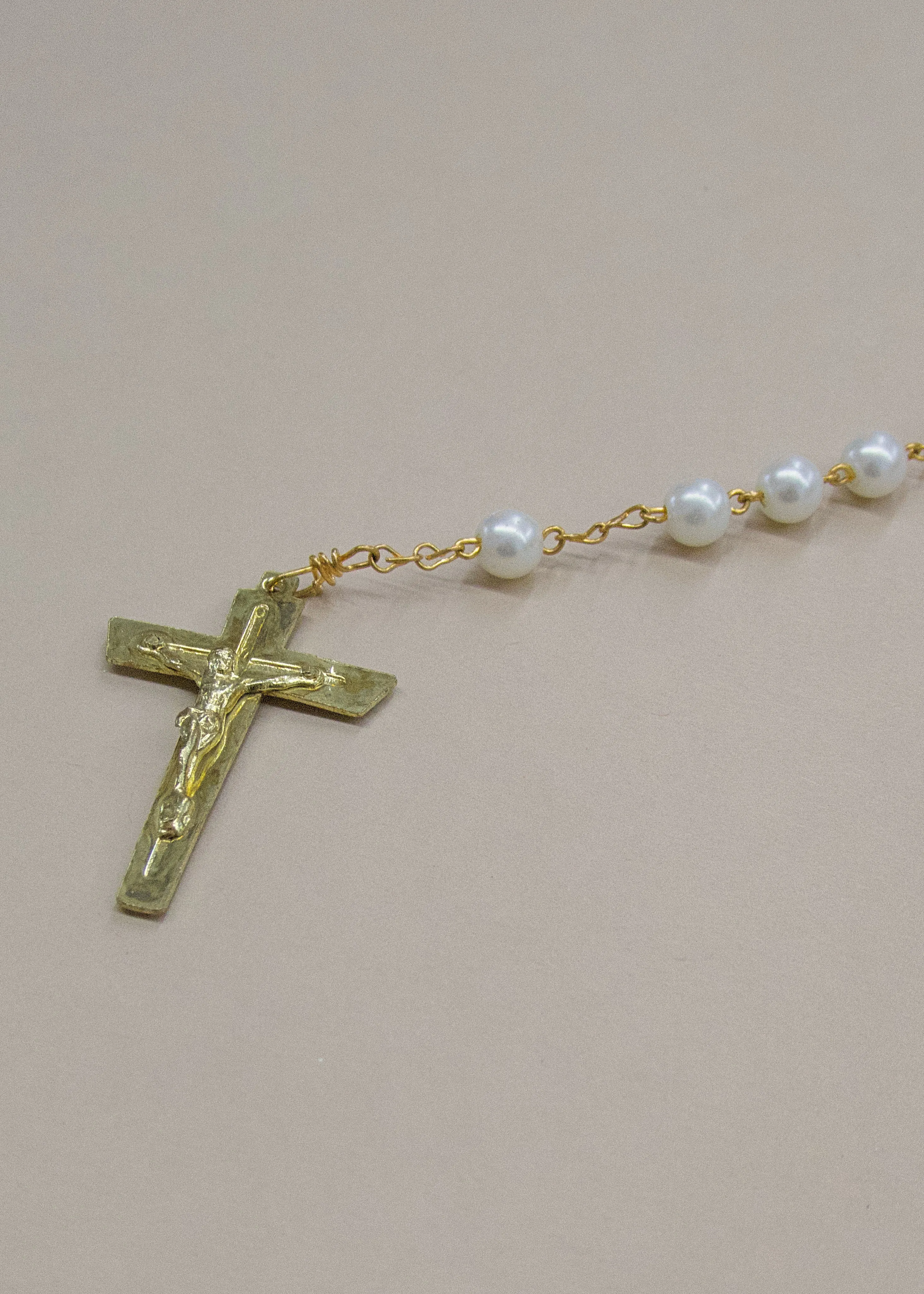 Vintage Faux Pearl & Gold Square Cross Rosary