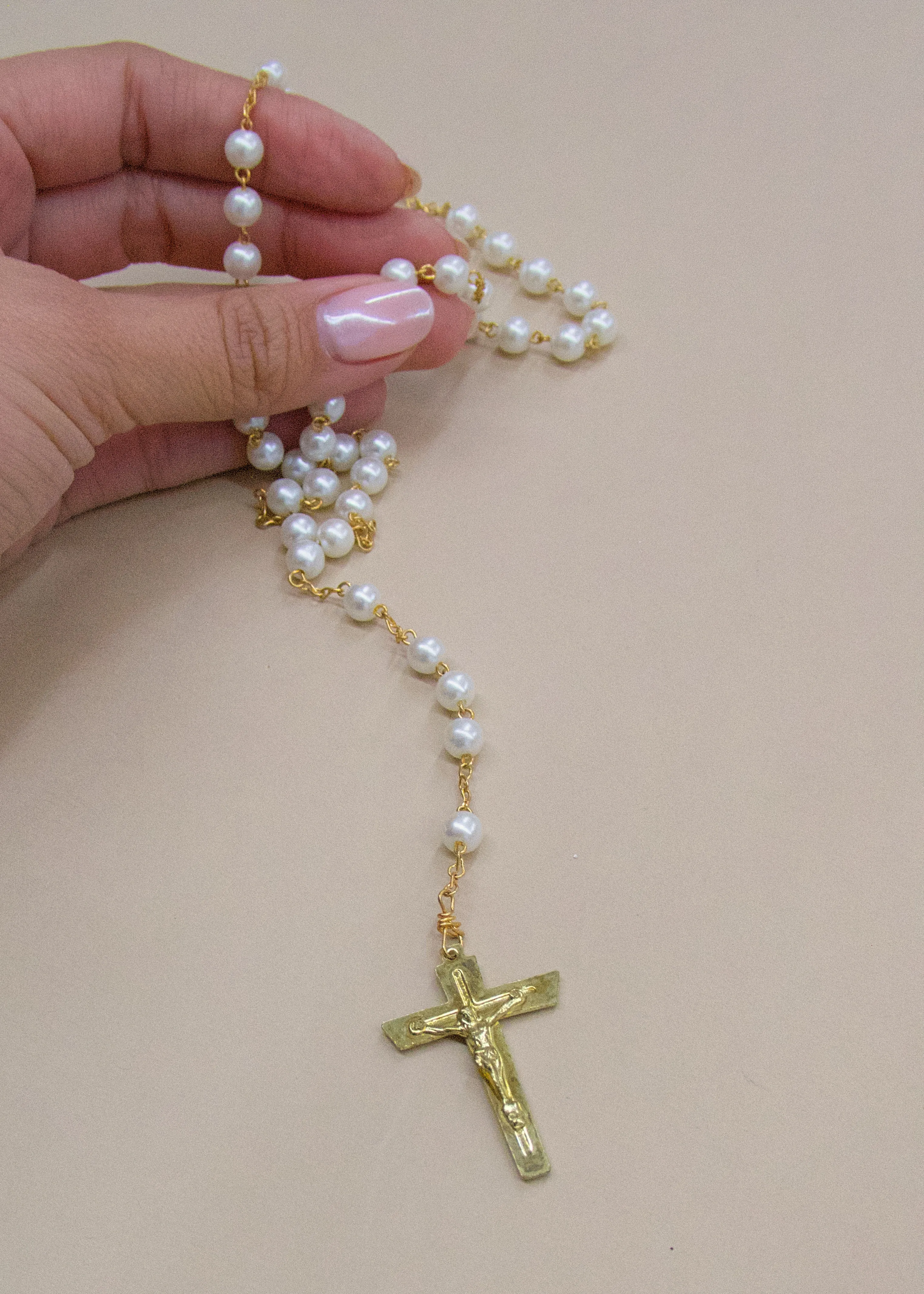 Vintage Faux Pearl & Gold Square Cross Rosary