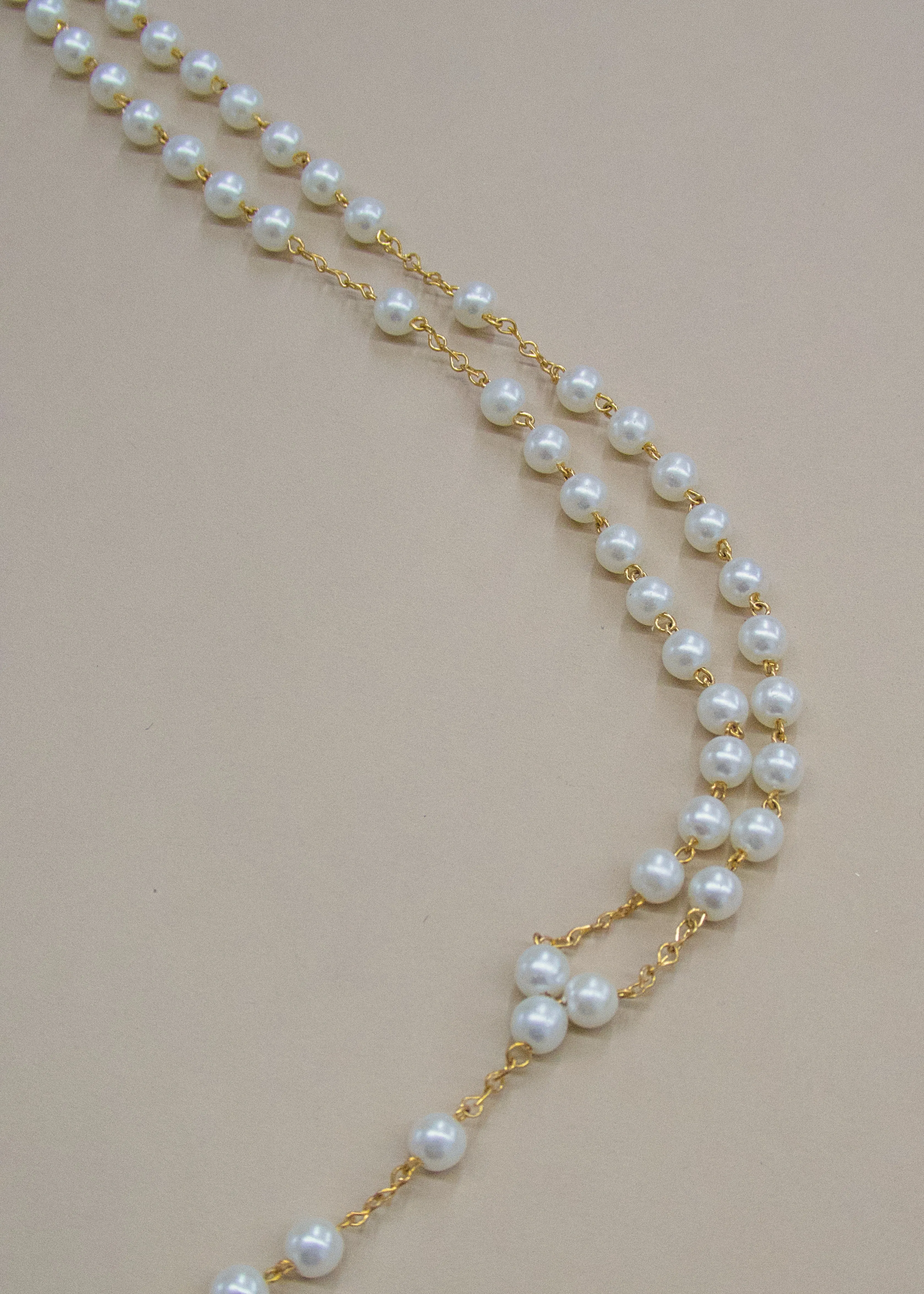 Vintage Faux Pearl & Gold Square Cross Rosary