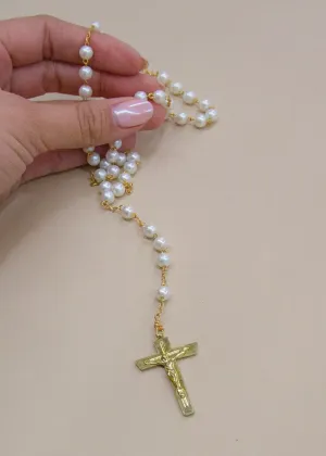Vintage Faux Pearl & Gold Square Cross Rosary
