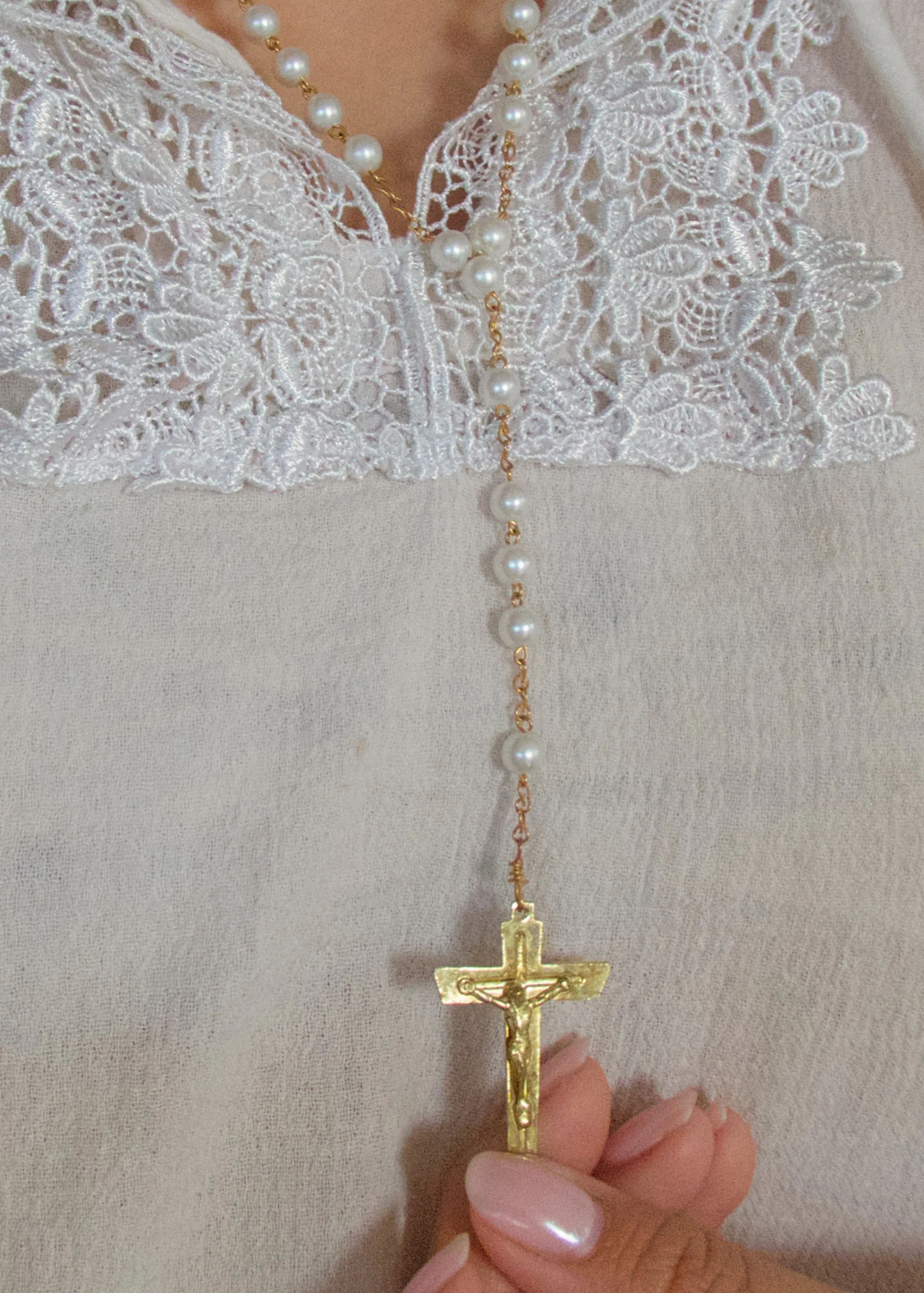 Vintage Faux Pearl & Gold Square Cross Rosary
