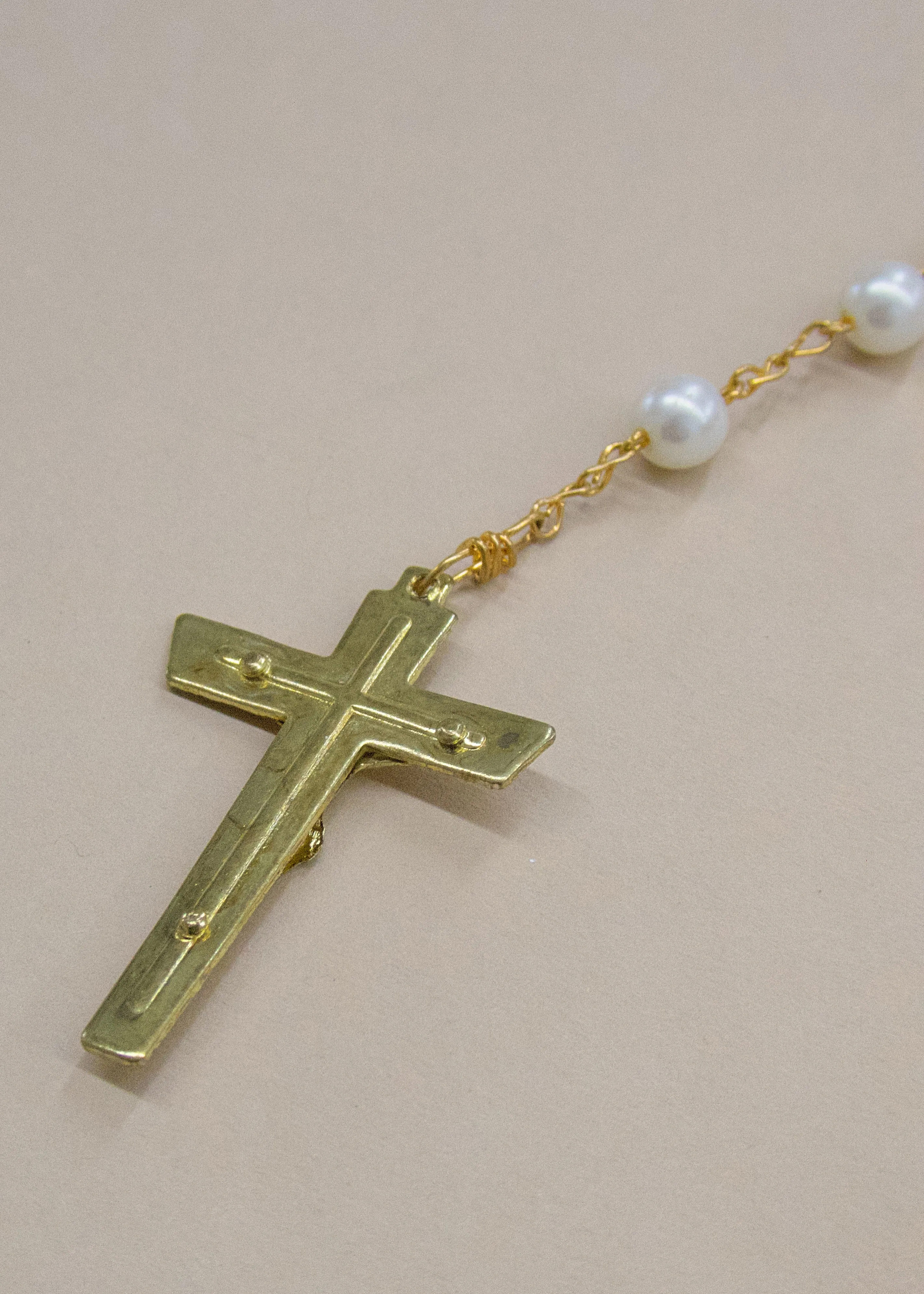 Vintage Faux Pearl & Gold Square Cross Rosary