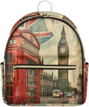 Vintage London Mini Backpack Purse for Women Teen Girls, Union Jack Leather Small Backpack Shoulder Bag Fashion Travel Daypacks