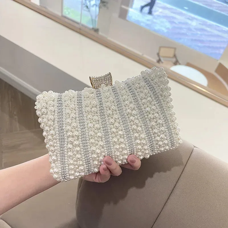 Vintage Pearl Women Handbag Diamond Evening Bag Luxury Wedding Bridal Ladies Clutch Chain White Shoulder Dress Dinner Bag
