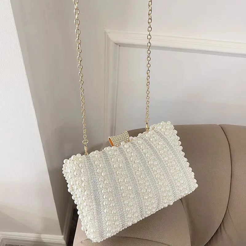 Vintage Pearl Women Handbag Diamond Evening Bag Luxury Wedding Bridal Ladies Clutch Chain White Shoulder Dress Dinner Bag