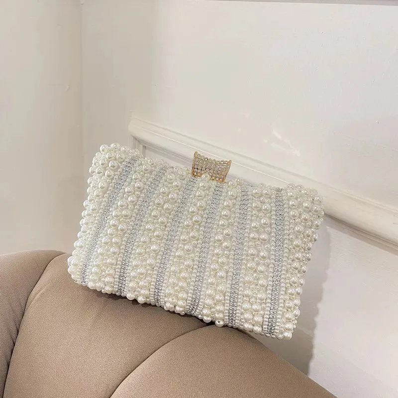 Vintage Pearl Women Handbag Diamond Evening Bag Luxury Wedding Bridal Ladies Clutch Chain White Shoulder Dress Dinner Bag