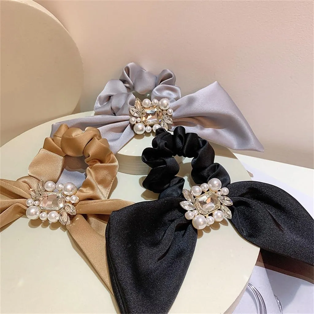 Vintage Temperament Pearl Rhinestone Buckle Silky Satin Hair Tie Headband Hair Band(Black)