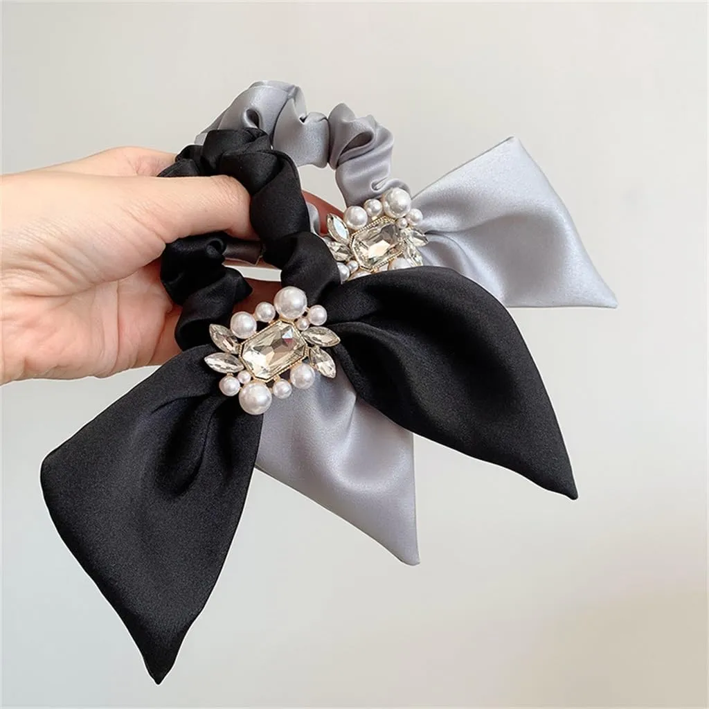 Vintage Temperament Pearl Rhinestone Buckle Silky Satin Hair Tie Headband Hair Band(Black)