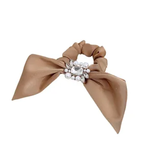 Vintage Temperament Pearl Rhinestone Buckle Silky Satin Hair Tie Headband Hair Band(Black)