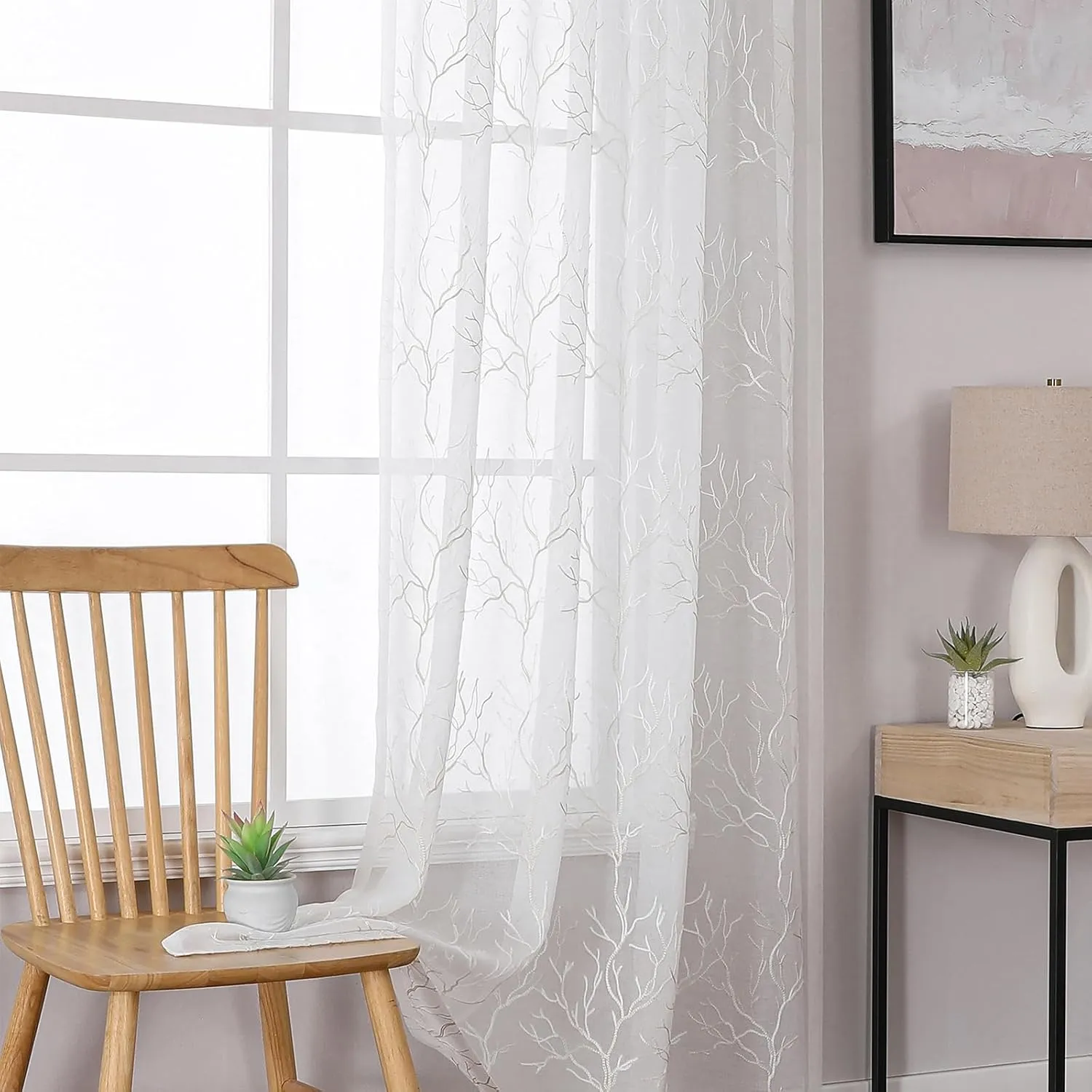 VISIONTEX Sheer Curtains 84 inch Length 2 Panels Set, Decorative Beige Coral Embroidery, Rod Pocket Embroidered Window Drapes for Living Room and Bedroom, 54" x 84"