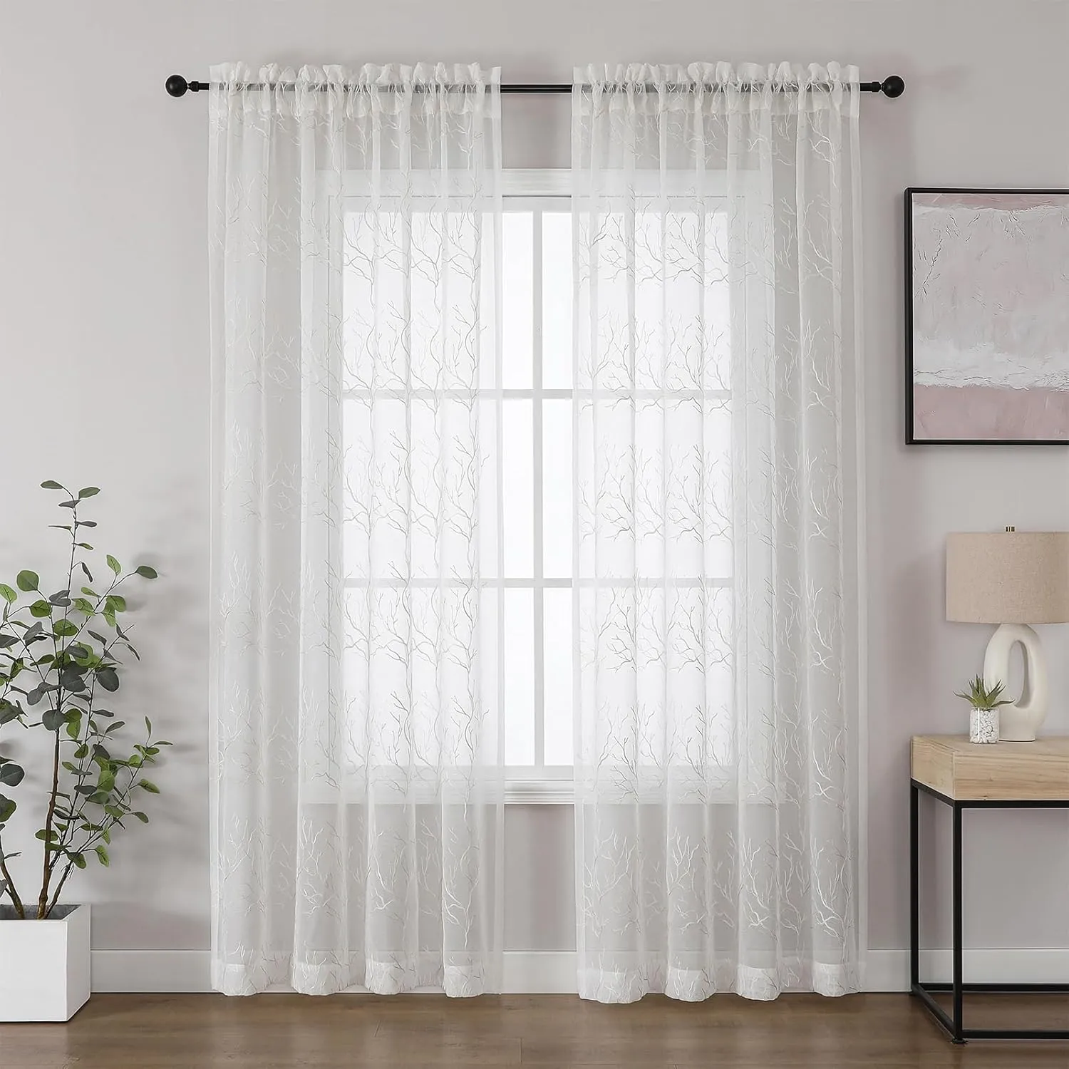 VISIONTEX Sheer Curtains 84 inch Length 2 Panels Set, Decorative Beige Coral Embroidery, Rod Pocket Embroidered Window Drapes for Living Room and Bedroom, 54" x 84"
