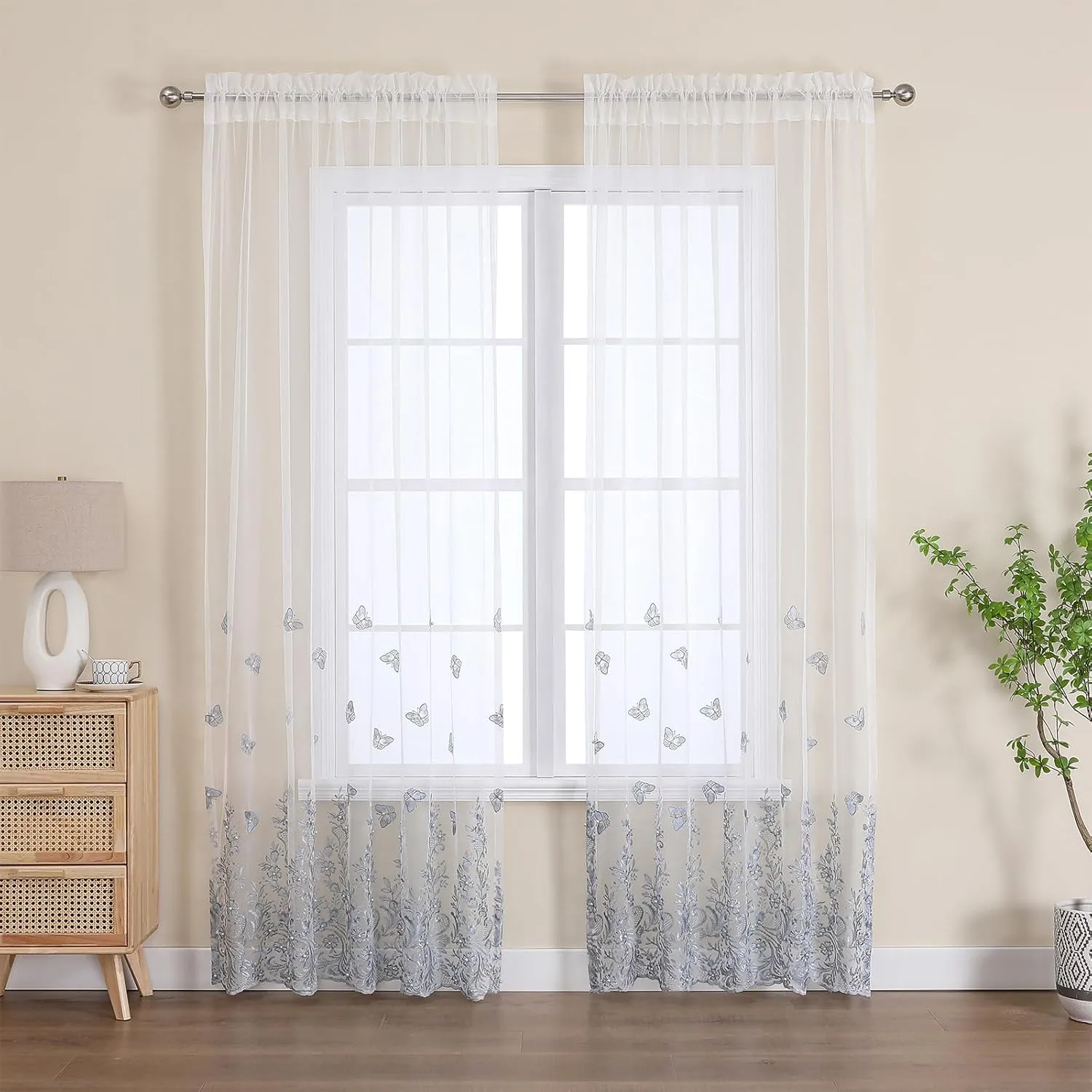 VISIONTEX White Sheer Voile Curtains, Decorative Blue Embossed Butterflies Rod Pocket Window Drapes for Home Kitchen, Living Room and Bedroom 54 x 84 Inch, Set of 2 Curtain Panels