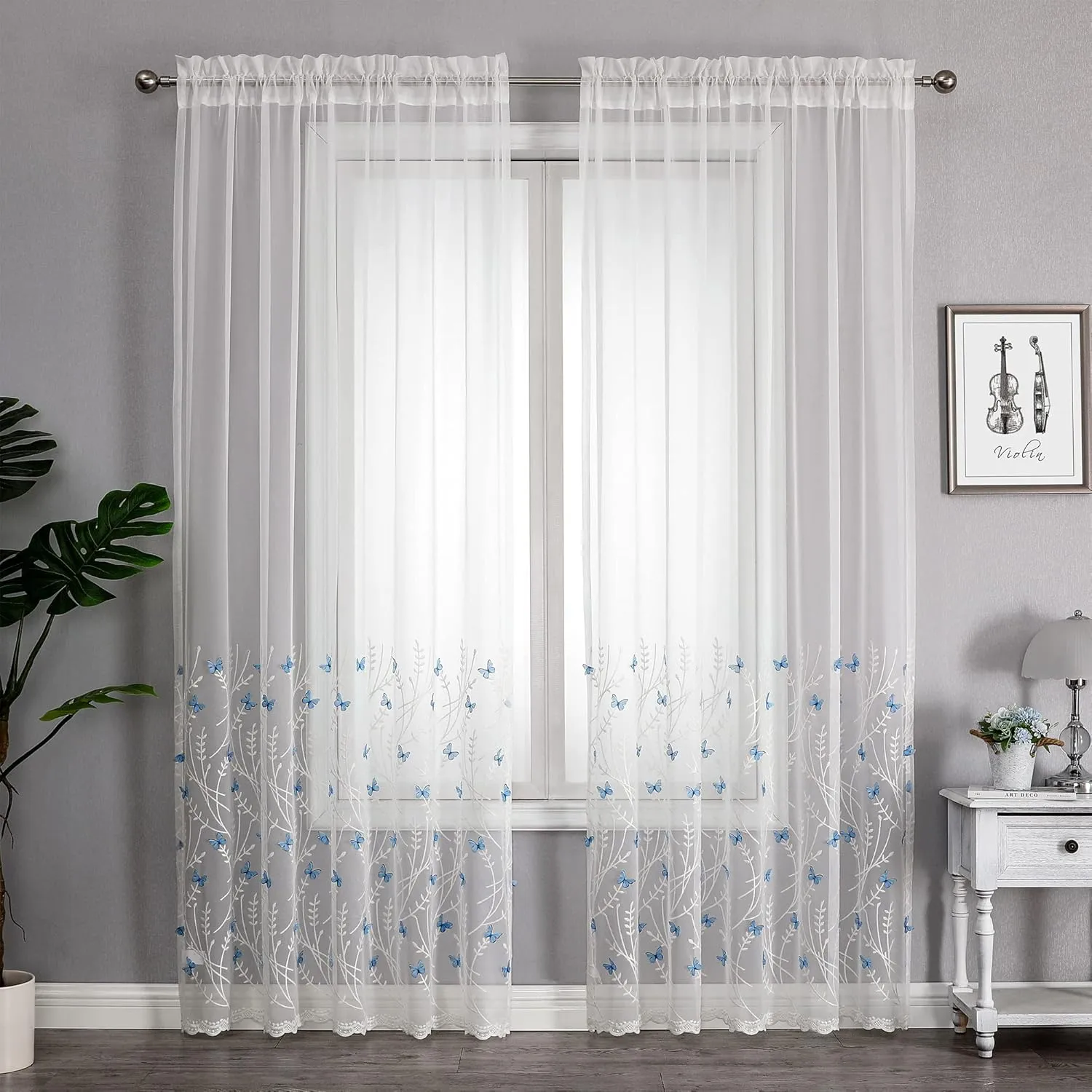 VISIONTEX White Sheer Voile Curtains, Decorative White Embossed Butterflies Rod Pocket Window Drapes for Home Kitchen, Living Room and Bedroom 54 x 84 Inch, Set of 2 Curtain Panels