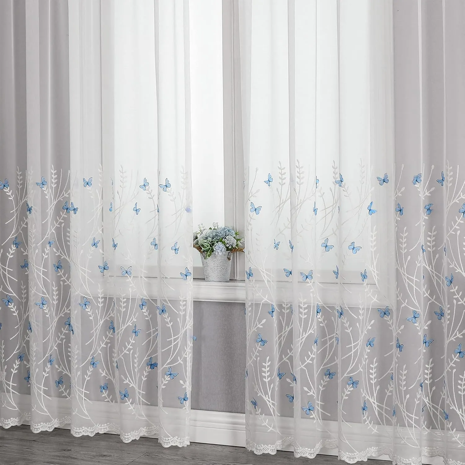 VISIONTEX White Sheer Voile Curtains, Decorative White Embossed Butterflies Rod Pocket Window Drapes for Home Kitchen, Living Room and Bedroom 54 x 84 Inch, Set of 2 Curtain Panels