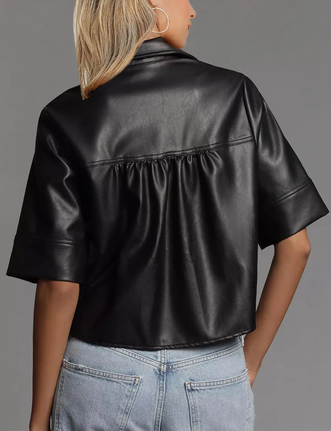 Vivitulip Women’s Short Sleeve Faux Leather T-Shirt Loose Fit V Neck PU Leather Summer Crop Going Out Tops
