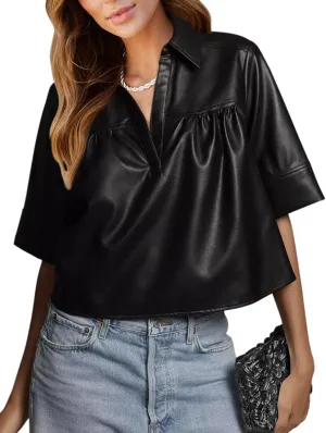 Vivitulip Women’s Short Sleeve Faux Leather T-Shirt Loose Fit V Neck PU Leather Summer Crop Going Out Tops