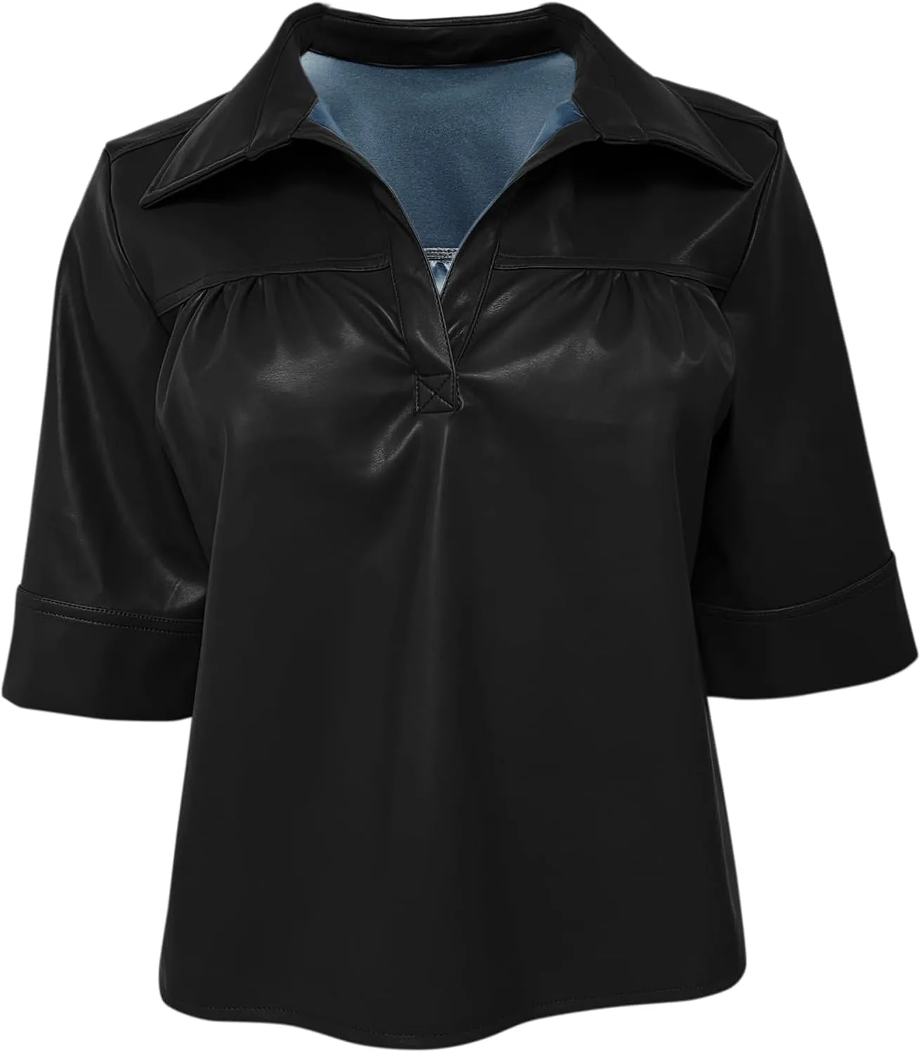 Vivitulip Women’s Short Sleeve Faux Leather T-Shirt Loose Fit V Neck PU Leather Summer Crop Going Out Tops
