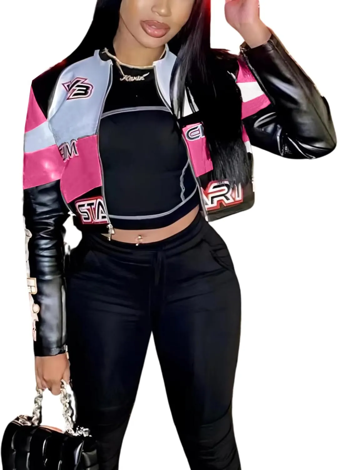 VOIKERDR Leather Jacket Women Zipper Moto Biker Short Leather Jacket Women Bomber Jacket Women Faux Leather Jacket